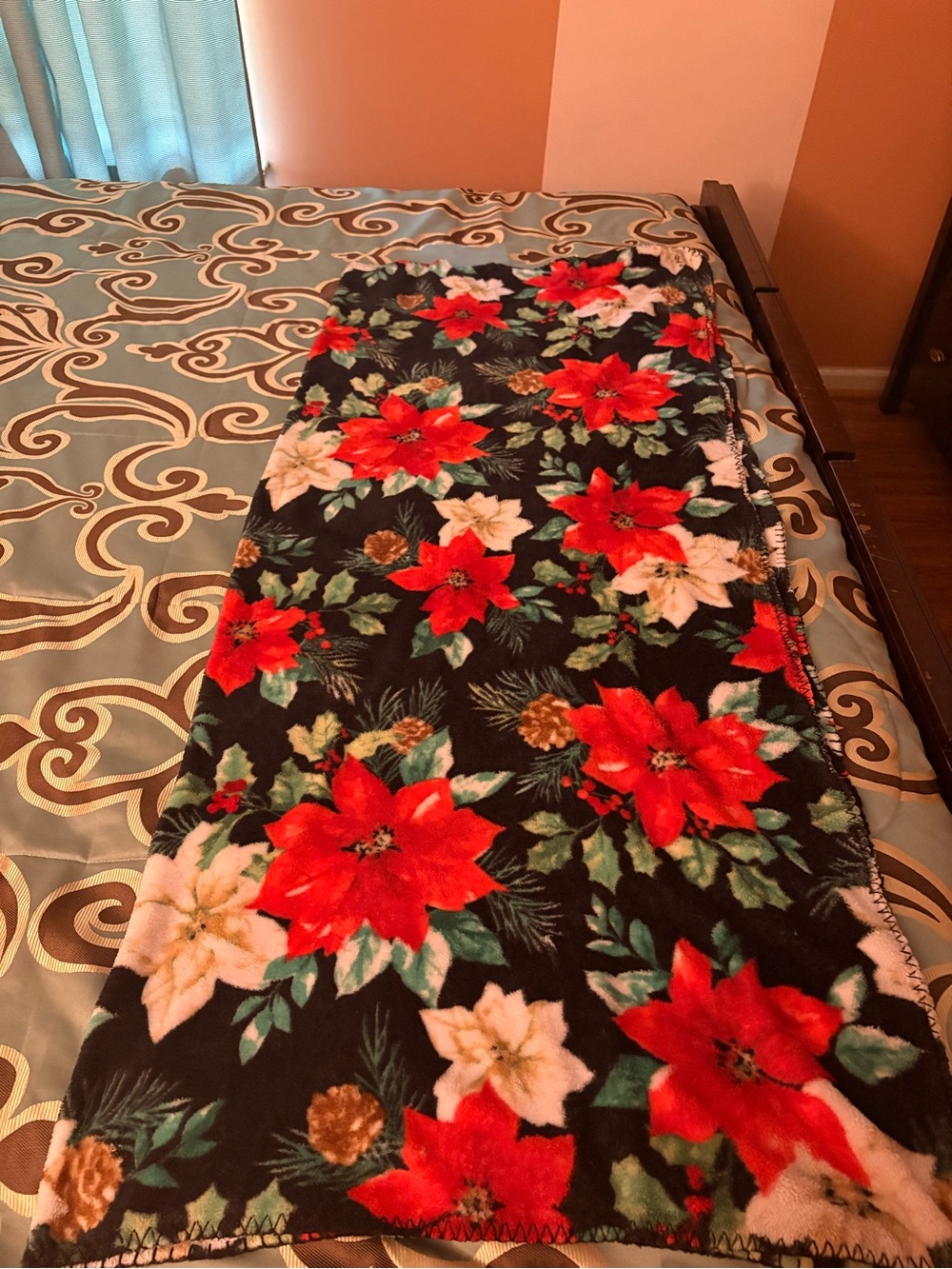Holiday Poinsettia Plush Throw Blanket - Black/Red